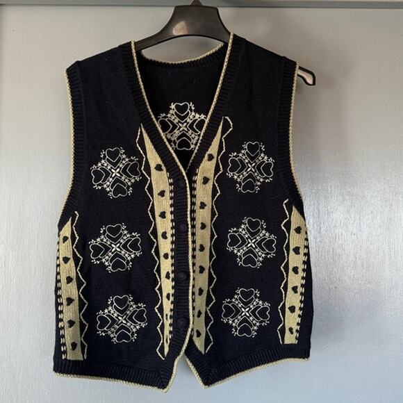 Y2K Christopher Banks Women's Navy Button Sweater Vest Embroidered Hearts sz L - Picture 1 of 5